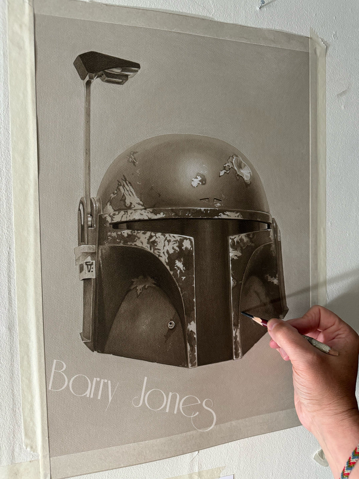 Limited print of my drawing of a  Boba Fetts helmet